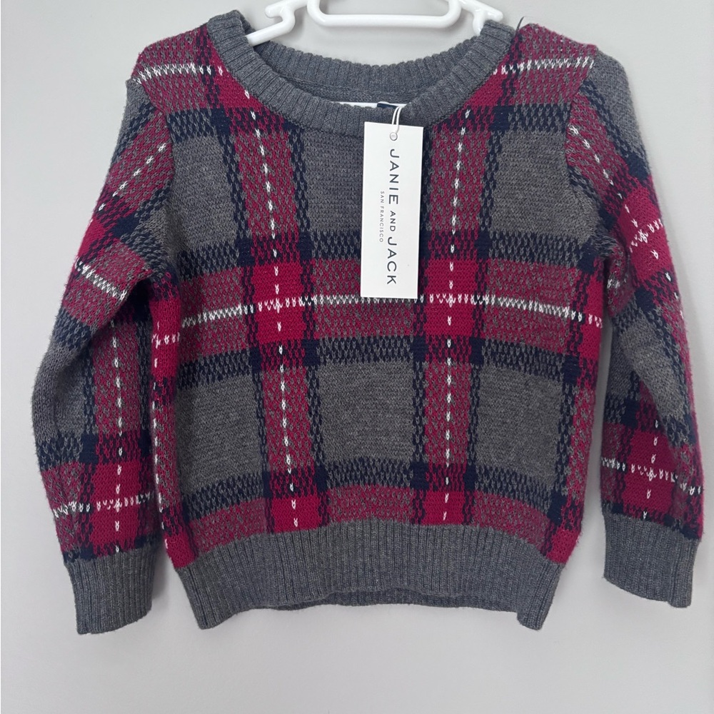 Janie and Jack Charcoal and Burgundy Plaid Sweater 9-12 month